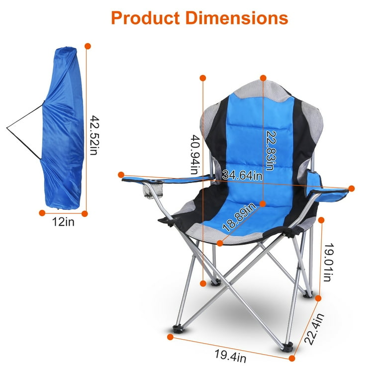 Foldable Camping Chair TeqHome Oversized Padded Heavy Duty Portable Quad Chair 330LBS Max Load with Carry Bag Cup Holder Blue and Gray Walmart