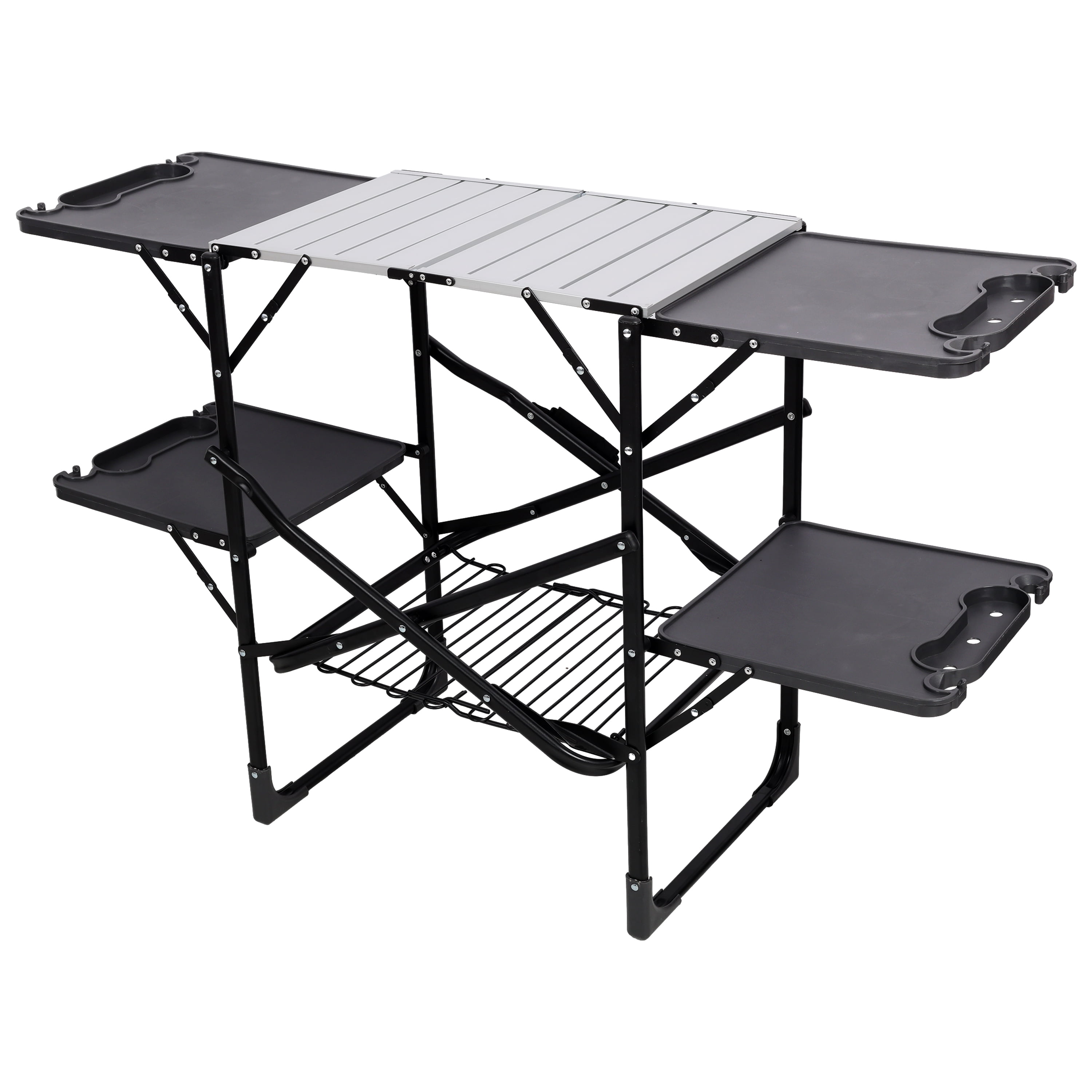 Foldable Camping Cooking Station with Heat Resistant Aluminum Top, 4 Side Tables & Storage Rack, Portable Outdoor Kitchen Prep Table for Picnic Tailgating Camping