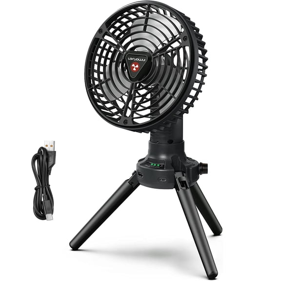 Foldable Camping Fan with Power Bank, 270 Rotating, Rechargeable Tripod Fan for Hiking and Camping, with 4 Speeds and 3 Brightness Levels