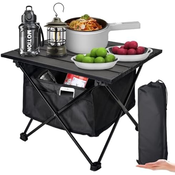 Foldable Camping Side Table, Ultralight Small Beach Aluminum, Portable Outdoor Table with Carry Bag and Storage for Picnic, Grill, Hiking, Fishing, Sand, Camping, Black