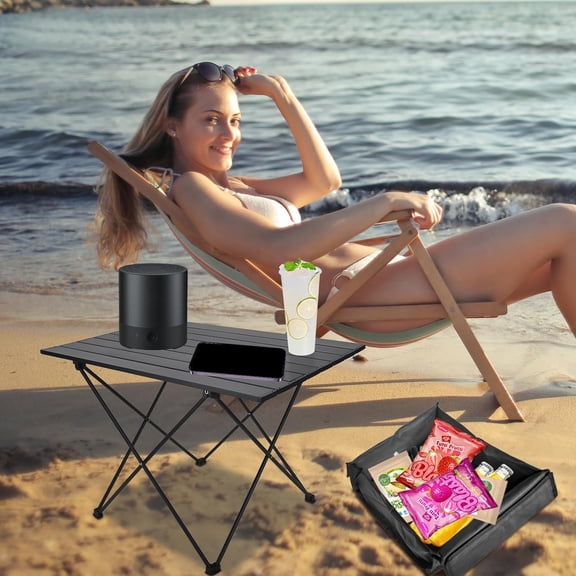 Foldable Camping Side Table, Ultralight Small Beach Table Aluminum, Portable Outdoor Table with Carry Bag and Storage for Picnic, Grill, Hiking, Fishing, Sand, Camping Essentials(L)