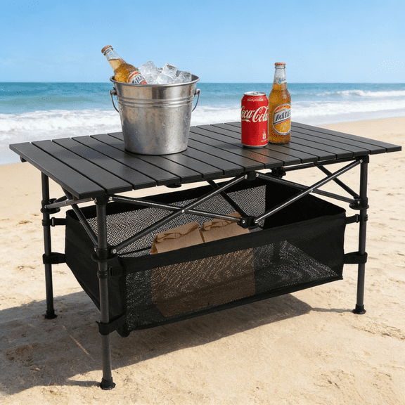 Foldable Camping Table 37In Aluminum Rolled Top Steel Frame 220Lbs Capacity Quick 30Sec Setup Heat Resistant Portable Outdoor Picnic BBQ Beach Table Detachable Mesh Basket 10Lbs Carry Bag And Strap