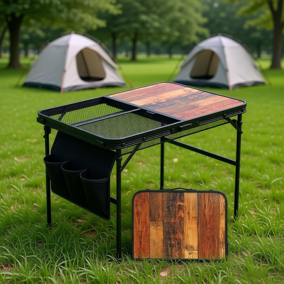 Foldable Camping Table Aluminum Alloy Frame 66lbs Capacity Height Adjustable 16.5/26in Iron Mesh MDF Top Hanging Storage Net 3 Side Pockets Carry Handle Portable for BBQ Picnic Tailgating RV Black