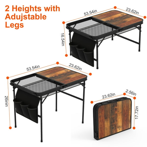 Foldable Camping Table with Storage Net Bag Portable Aluminum Alloy Picnic Table Half Wooden Tabletop Half Mesh Top Folding Grill Stand with Height Adjustable for Hiking Black
