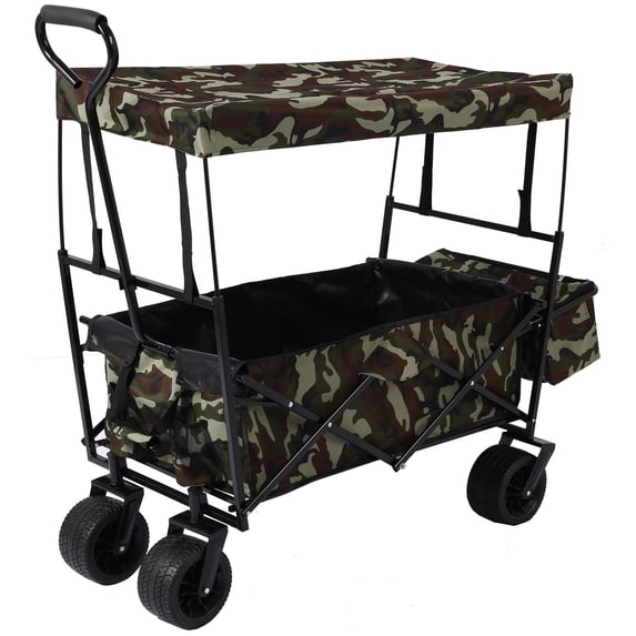 Foldable Camping Wagon, Beach Trolley Cart with Canopy, Storage Basket and 2 Mesh Bags, Utility Wagon Cart for Camping, Shopping and Beach