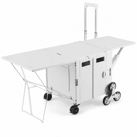 Foldable Camping Wagon Cart with Table, 3-in-1 Heavy Duty Folding Utility Wagon with Stair Climbing Wheels, Large Storage Box & Adjustable Handle for Outdoor Use