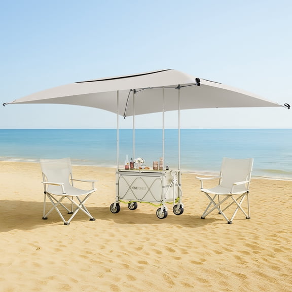 Foldable Camping Wagon with Retractable Canopy and Attached Table, All-Terrain Utility Cart for Outdoor Gear Transport and Sun Protection