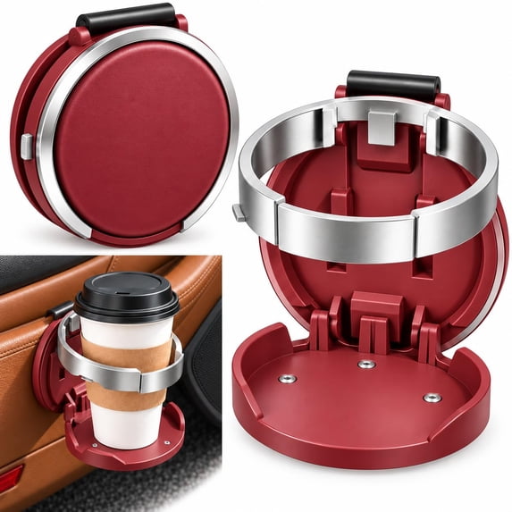 Foldable Car Cup Holder with Hook Universal Car Door Cup Holder, Back Clip Foldable Cup Holder Portable Space-Saving 2-In-1 Extra Cup Holder for Water Bottles Coffee Cups