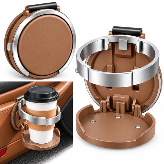 Foldable Car Cup Holder with Hook Universal Car Door Cup Holder, Back Clip Foldable Cup Holder Portable Space-Saving 2-In-1 Extra Cup Holder for Water Bottles Coffee Cups