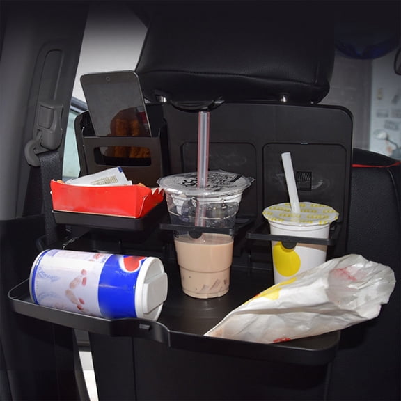 Foldable Car Dining Table with Drink Holder | Travel Food Tray & Organizer | Attaches to Car Seat Headrest | Includes Phone & Storage Pockets | 35x21x3.5 cm