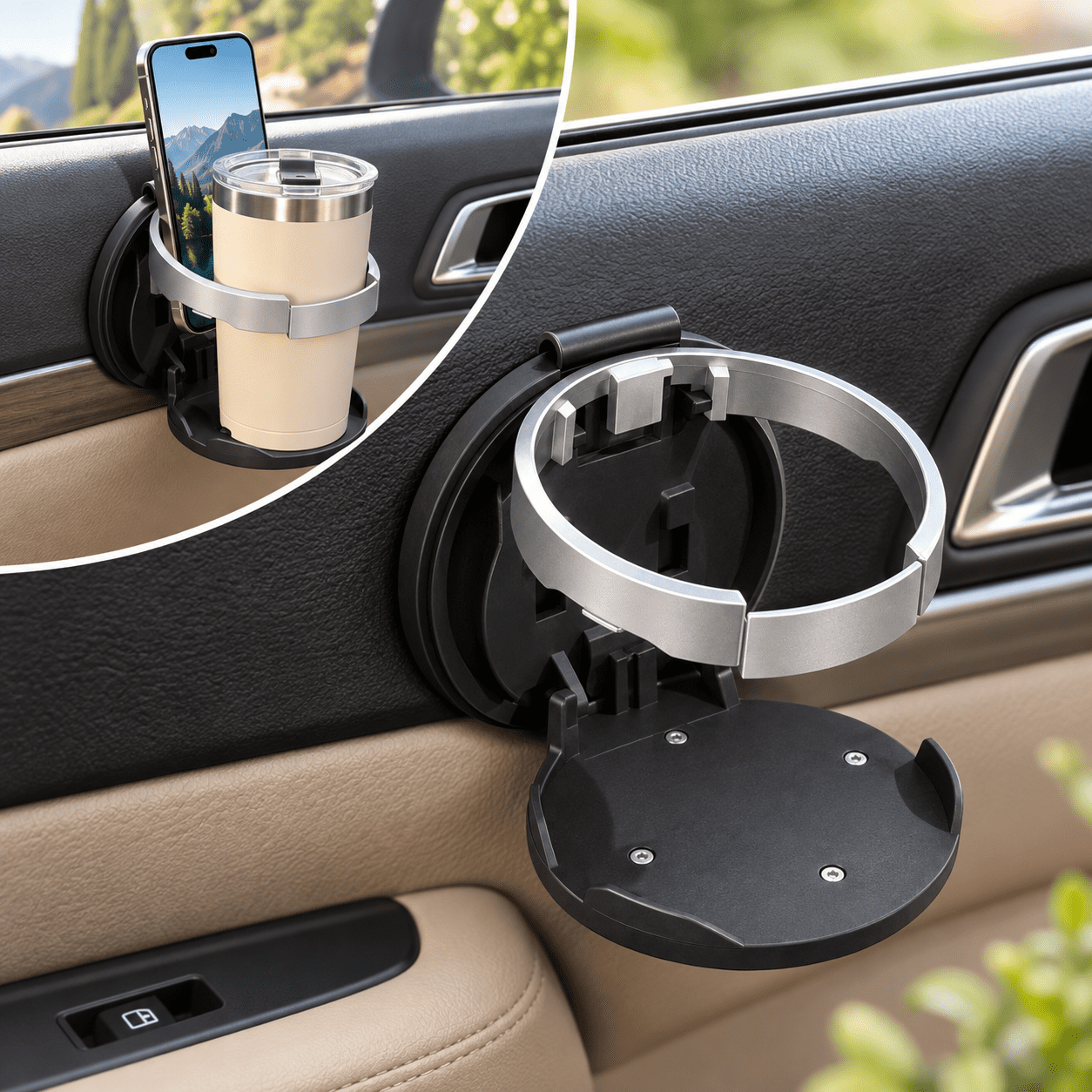Foldable Car Door Cup Holder, 3.94 in Clip-On Faux Leather Drink and ...