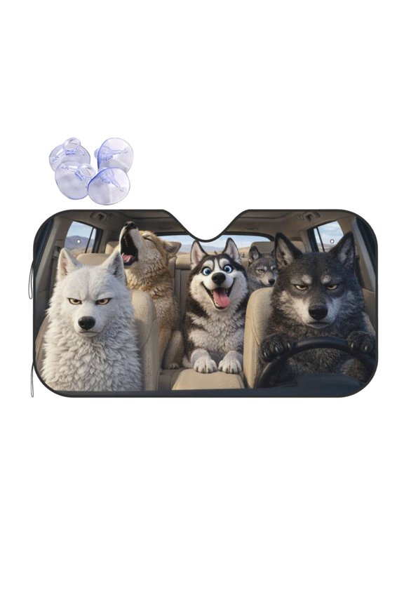 Foldable Car Windshield Sun Shade, Cute Husky Wolf Pack in Car Design Auto Sun Visor Front Window Cover Block UV Rays Heat Reflector for Cars SUV Truck Universal Fit