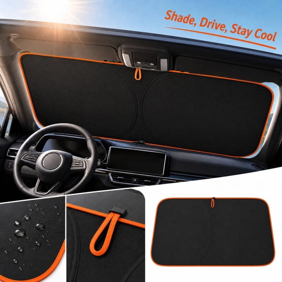Foldable Car Windshield Sun Shade with Heat Insulation and Uv Protection, Universal Fit, Black with Orange Trim, for Front Window