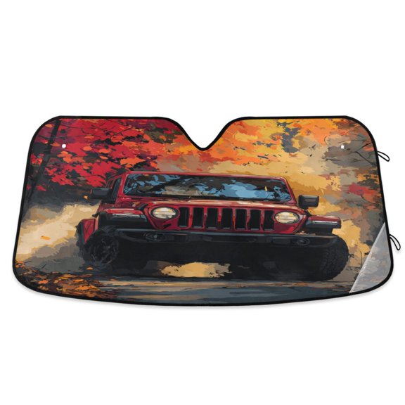 Foldable Car Windshield Sunshade UV Sun Visor Protector Blocks UV Rays Keeps Vehicle Cool 53x23.5 Inch Autumn Trail Red Off-road Jeep