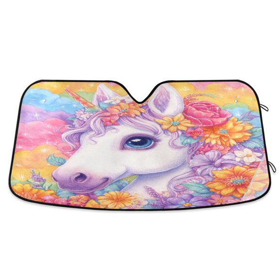 Foldable Car Windshield Sunshade UV Sun Visor Protector Blocks UV Rays Keeps Vehicle Cool 53x23.5 Inch Floral Unicorn Rainbow Dream