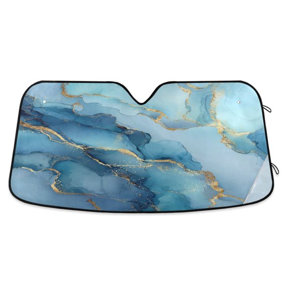 Foldable Car Windshield Sunshade UV Sun Visor Protector Blocks UV Rays Keeps Vehicle Cool 53x23.5 Inch Light Blue Gold Marble Pattern