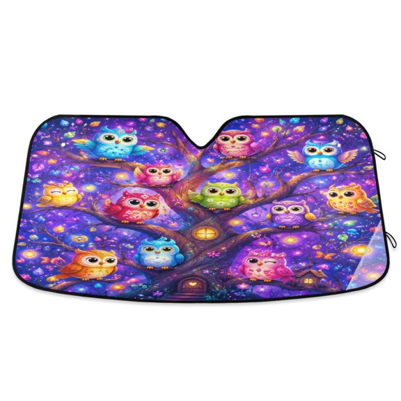 Foldable Car Windshield Sunshade UV Sun Visor Protector Blocks UV Rays Keeps Vehicle Cool 53x23.5 Inch Magical Owls Tree Artwork