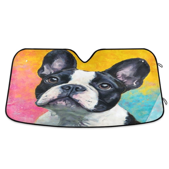 Foldable Car Windshield Sunshade UV Sun Visor Protector Blocks UV Rays Keeps Vehicle Cool 53x23.5 Inch Rainbow French Bulldog Canvas