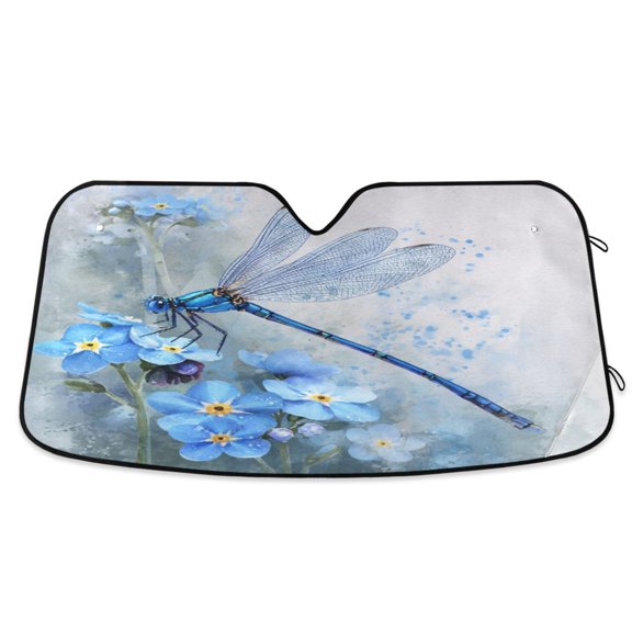 Foldable Car Windshield Sunshade UV Sun Visor Protector Blocks UV Rays Keeps Vehicle Cool 53x23.5 Inch Realistic Blue Dragonfly Print