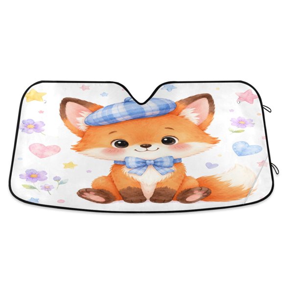 Foldable Car Windshield Sunshade UV Sun Visor Protector Blocks UV Rays Keeps Vehicle Cool 55x27.6 Inch Fluffy Fox Blue Bowtie