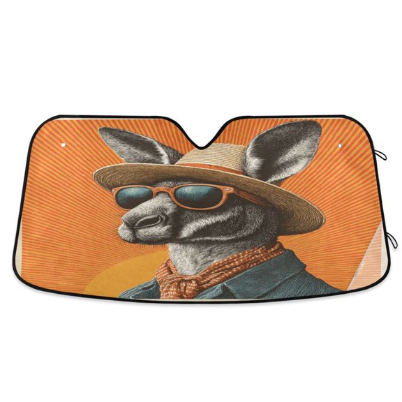 Foldable Car Windshield Sunshade UV Sun Visor Protector Blocks UV Rays Keeps Vehicle Cool 55x27.6 Inch Kangaroo Wearing Sunglasses