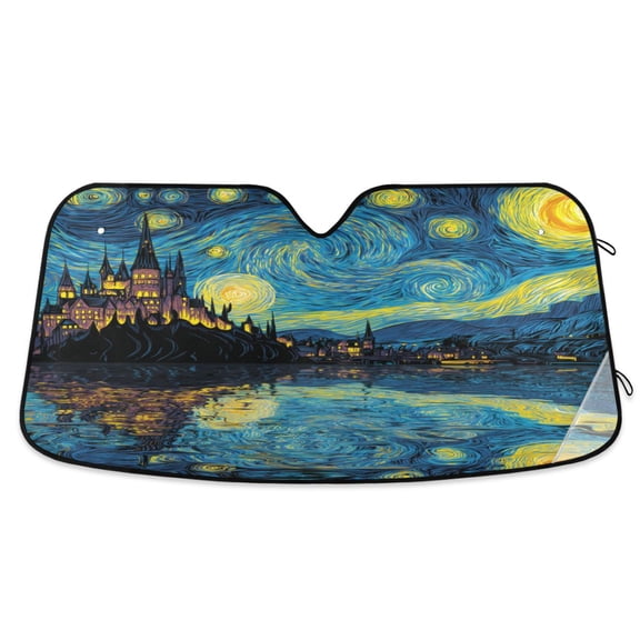 Foldable Car Windshield Sunshade UV Sun Visor Protector Blocks UV Rays Keeps Vehicle Cool 55x27.6 Inch Starry Night Style Castle Lake