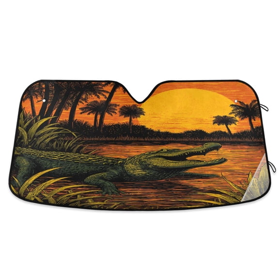 Foldable Car Windshield Sunshade UV Sun Visor Protector Blocks UV Rays Keeps Vehicle Cool 55x27.6 Inch Swamp Alligator Art