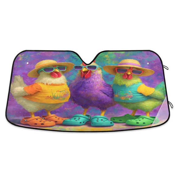 Foldable Car Windshield Sunshade UV Sun Visor Protector Blocks UV Rays Keeps Vehicle Cool 55x27.6 Inch Three Cute Chickens Pattern