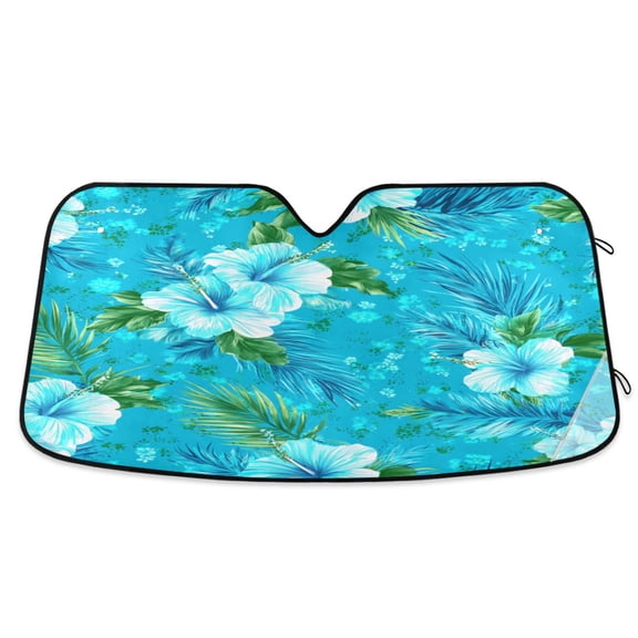 Foldable Car Windshield Sunshade UV Sun Visor Protector Blocks UV Rays Keeps Vehicle Cool 55x27.6 Inch Turquoise Hibiscus Tropical Print