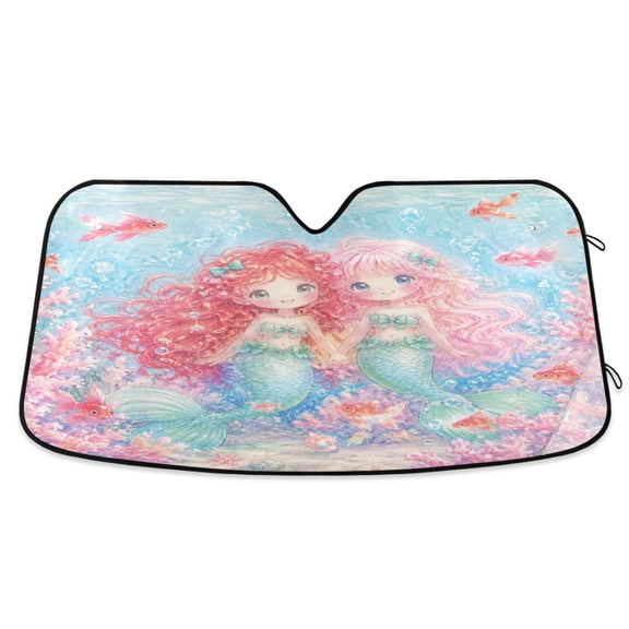 Foldable Car Windshield Sunshade UV Sun Visor Protector Blocks UV Rays Keeps Vehicle Cool 55x27.6 Inch Twin Little Mermaids Art
