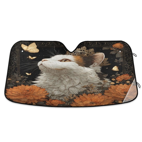 Foldable Car Windshield Sunshade UV Sun Visor Protector Blocks UV Rays Keeps Vehicle Cool 57x31.5 Inch Fluffy White and Brown Cat