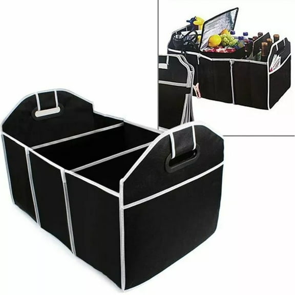 Foldable Cargo Trunk Organizer, Portable Three Compartments Waterproof Cargo Trunk Groceries Collapsible Storage Organizer for Auto, SUV, Truck, Van, Black
