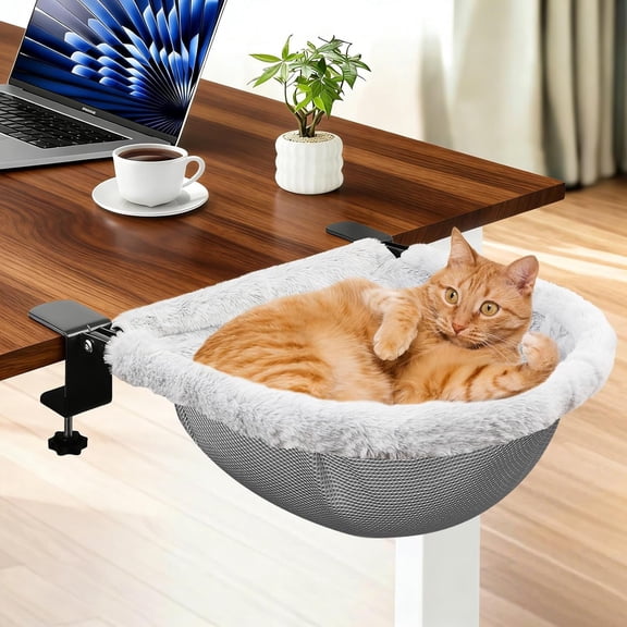 Foldable Cat Bed for Desks, Stable Pet Perch with Heavy-Duty Clamp, Sunken Hammock Design with Faux Rabbit Fur, Desktop Mount for Cats Up to 40 Lbs