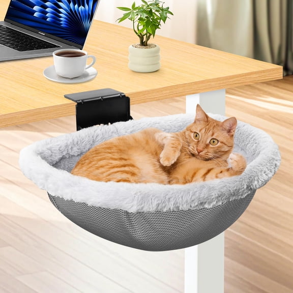 Foldable Cat Bed for Desks, Stable Pet Perch with Heavy-Duty Clamp, Sunken Hammock Design with Faux Rabbit Fur, Desktop Mount for Cats Up to 40 Lbs