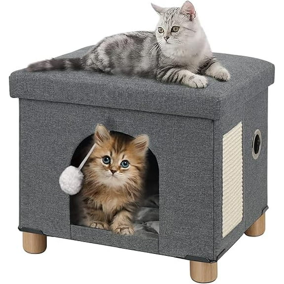 Foldable Cat Bed for Indoor Cats, Large Cat Cube for Pet Cat House with Cat Scratch Board & Cat Ball, 17.7 x 14.8 x 15 inches, Grey
