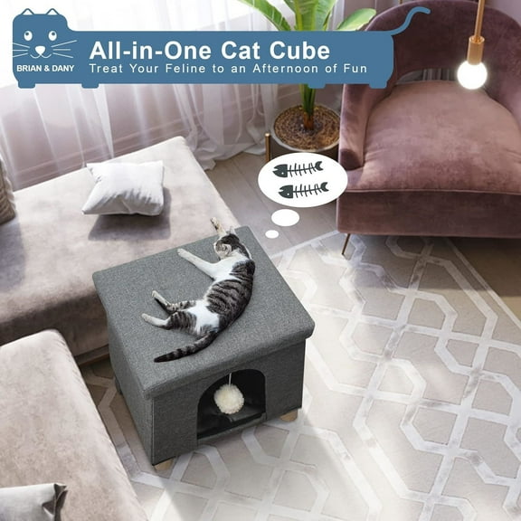 Foldable Cat Bed for Indoor Cats, Large Cat Cube for Pet Cat House with Cat Scratch Board & Cat Ball, 17.7 x 14.8 x 15 inches, Grey