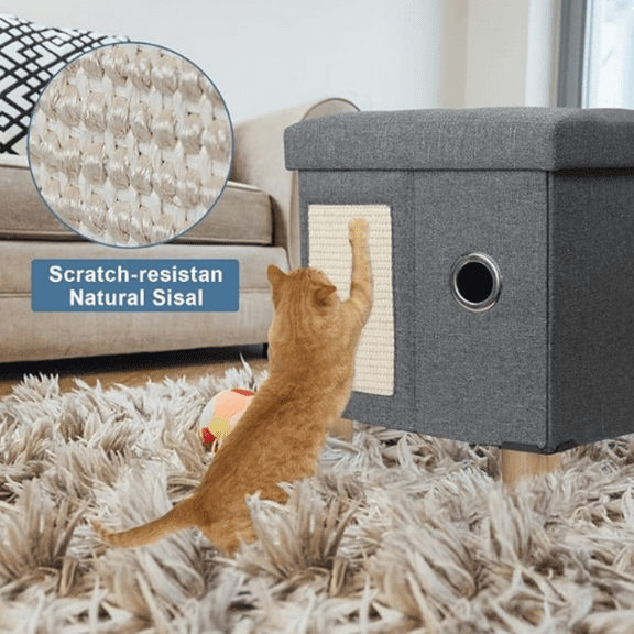 Foldable Cat Bed for Indoor Cats, Large Cat Cube for Pet Cat House with Cat Scratch Board & Cat Ball, 17.7 x 14.8 x 15 inches, Grey