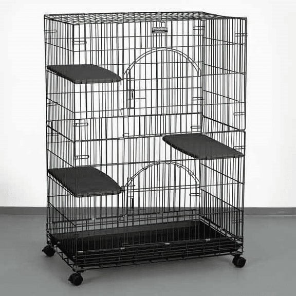 Foldable Cat Cages Durable Secure Wire Crate Two Doors Three Plastic Perches (Black)