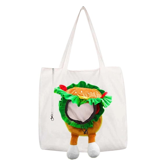 Foldable Cat Carrier Tote Bag Breathable Pet Travel Handbag Hamburger‑Style Pattern For Outdoor Camping Hiking Vet Visit(White-45X51Cm)