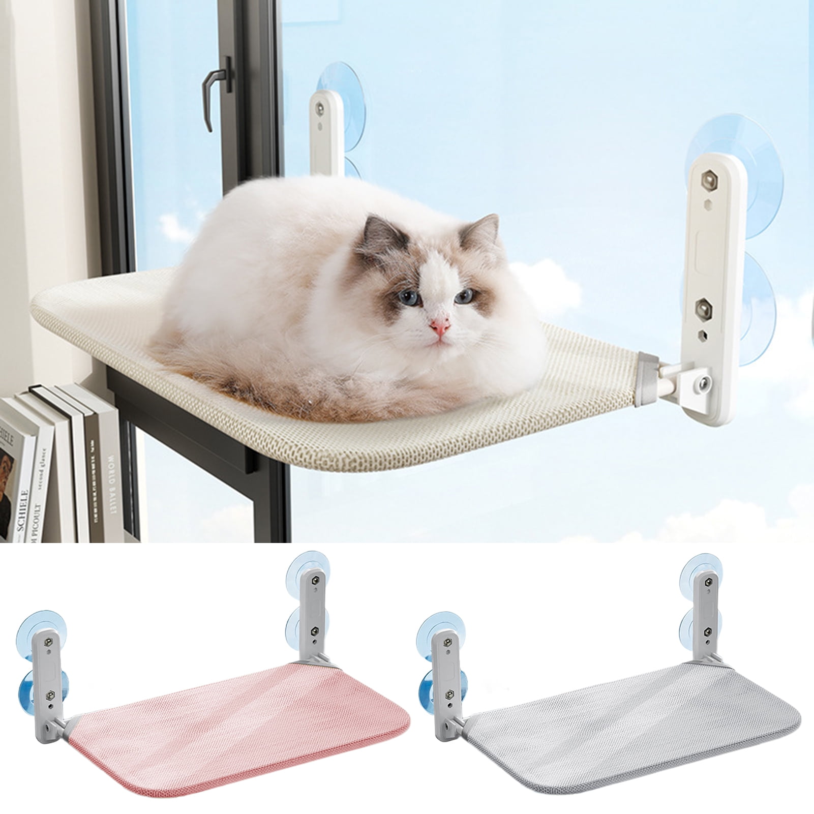Foldable Cat Hammock Breathable Mesh Fabric Cover Cordless Cat Bed with 4 Suction Cups Cordless Steel Frame Window Perch for Indoor Sunbathing