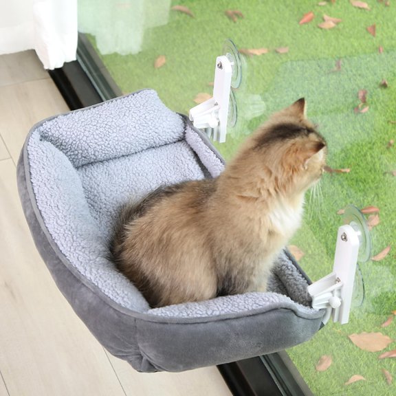 Foldable Cat Hammock for Window with Bolster - Cordless, Fold-Up, Three-Side Bolstered Machine Washable Fluffy Bed, Robust Metal Frame - Cat Window Perch for Large Cats and Kittens - Gray