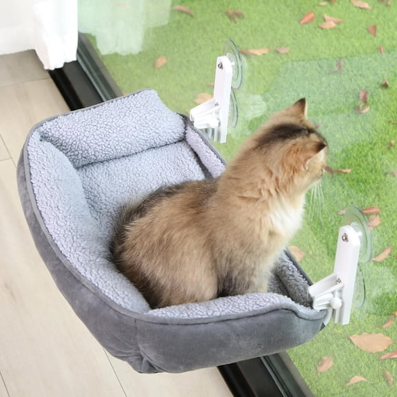 Foldable Cat Hammock For Window With Bolster - Cordless  Fold-up Three-side Bolstered Machine Washable Fluffy Bed Robust Metal Frame Perch Large Cats And Kittens Gray