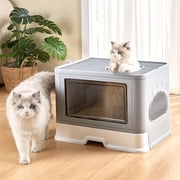 Foldable Cat Litter Box with Cat Litter Mat and Scoop, Front Entry & Top Exit Toilet Boxes with Massager Litter Scoop, Enclosed Foldable Kitty Toilet (Grey)