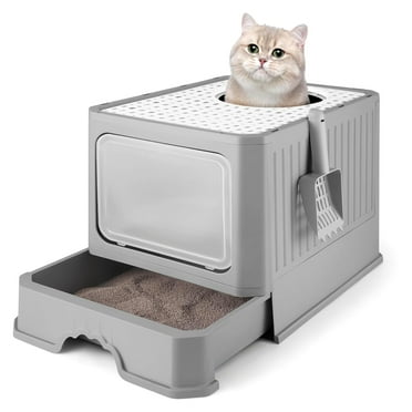 Foldable Cat Litter Box, Extra Large Front Entry Top Exit Box with Lid, Drawer Type Enclosed Kitty Scoop, Anti-Splashing Toilet Easy Cleaning,Grey