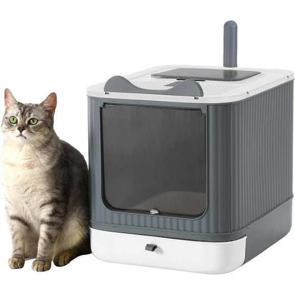 Foldable Cat Litter Box, Fully Enclosed Litter Box with Lid, Covered Kitty Kitten Litter Boxes Enclosure with Scoop, Odor Control, Easy to Clean, 3 Modes for Cat up to 12 lbs(White&Grey)
