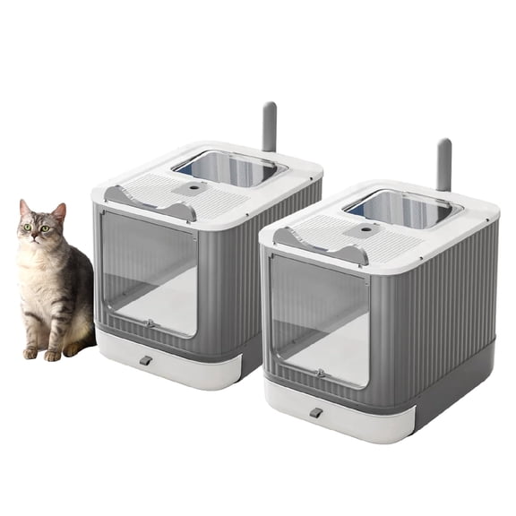 LCZLBRRD Foldable Cat Litter Box for Kitten to Adult Cat, Fully Enclosed with Scoop, White & Grey, 2 Pack