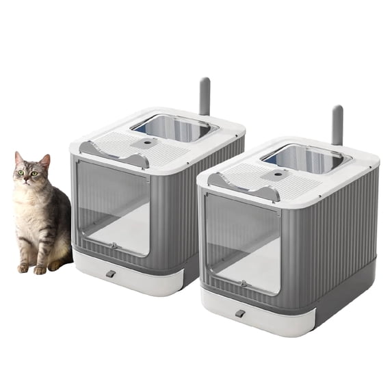 LCZLBRRD Foldable Cat Litter Box for Kitten to Adult Cat, Fully Enclosed with Scoop, White & Grey, 2 Pack