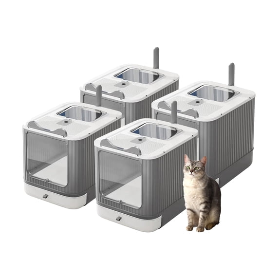 LCZLBRRD Foldable Cat Litter Box for Kitten to Adult Cat, Fully Enclosed with Scoop, White & Grey, 4 Pack