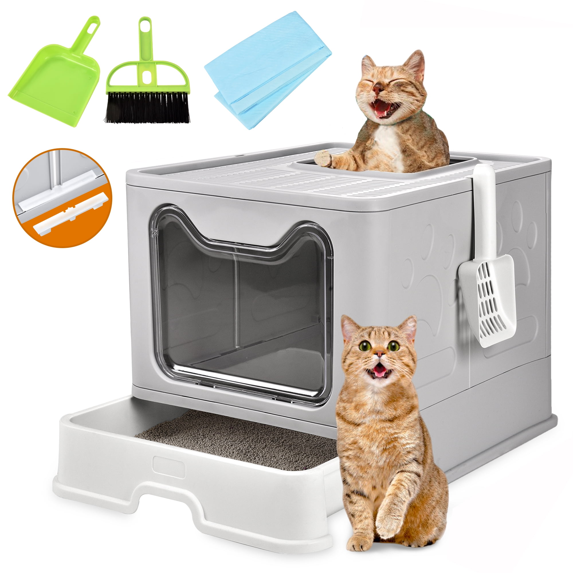 Foldable Cat Litter Box with Lid, Extra Large Covered Litter Box with Cat Litter Scoop, Drawer Type Enclosed Kitty Litter Box, Anti-Splashing Cat Litter Toilet Easy Cleaning and Scoop, Gray