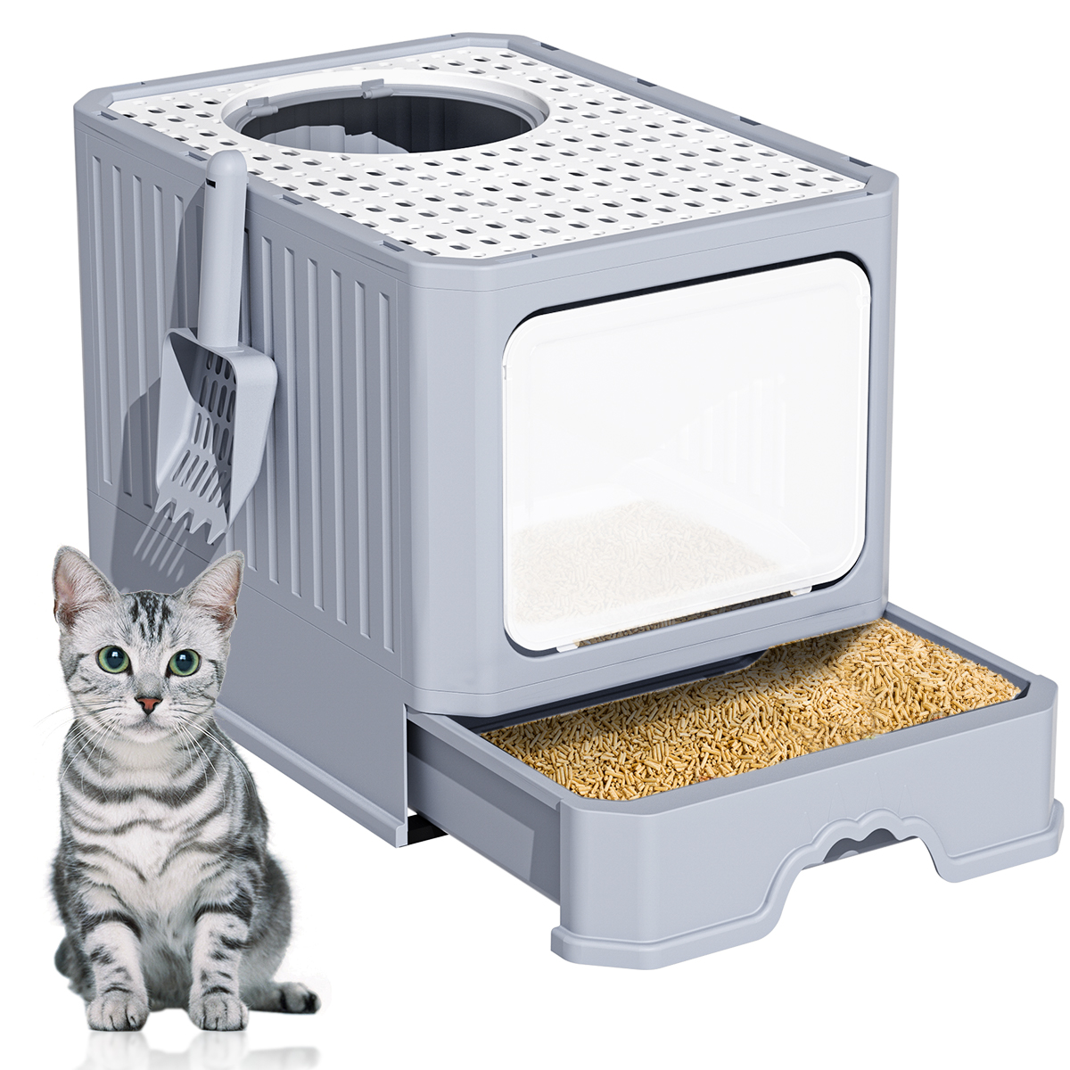 IRIS USA, Hooded Cat Litter Box with Grate and Scoop, Navy